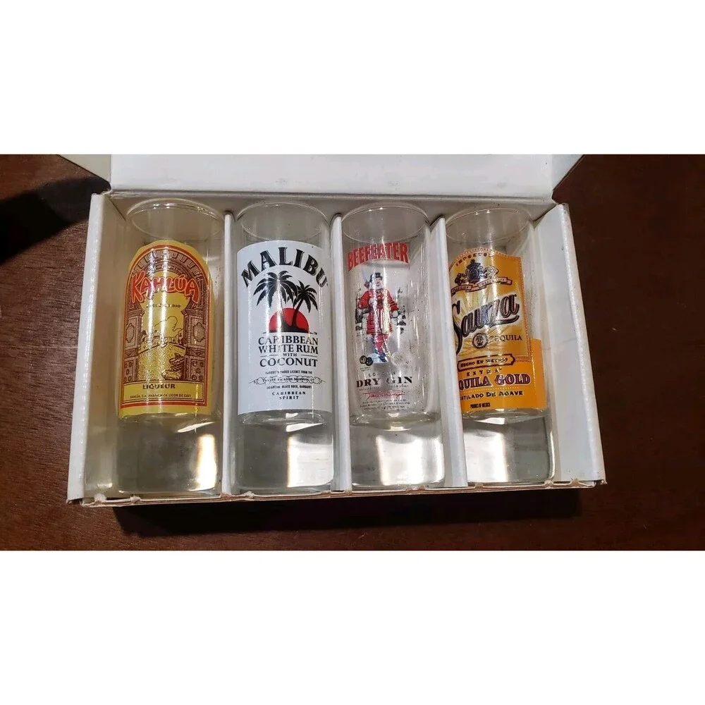 Luminarc set of 4 shot glasses (2 oz.) Malibu Beefeater Kahlua NEW